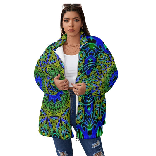 Blue Green Celtic Knot Unisex Borg Fleece Stand-up Collar Coat With Zipper Closure(Plus Size)