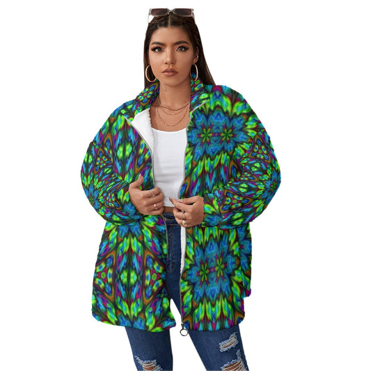 Blue and Green Kaleidoscope Unisex Borg Fleece Stand-up Collar Coat With Zipper Closure(Plus Size)