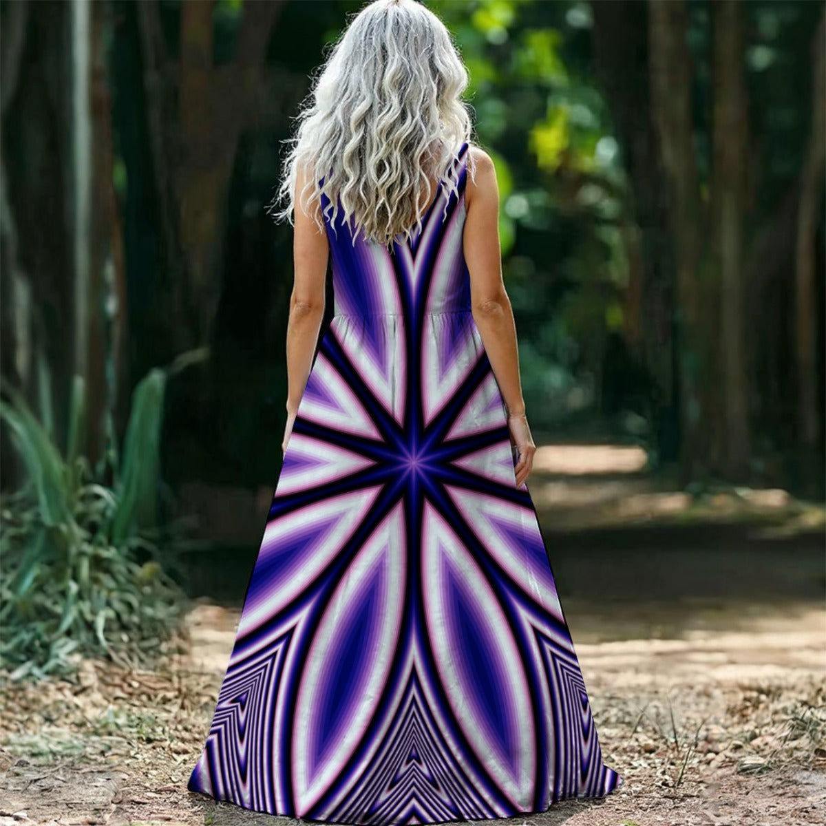 Blue Fractal Flower Kaleidoscope All-Over Print Women’s Sleeveless Maxi Dress