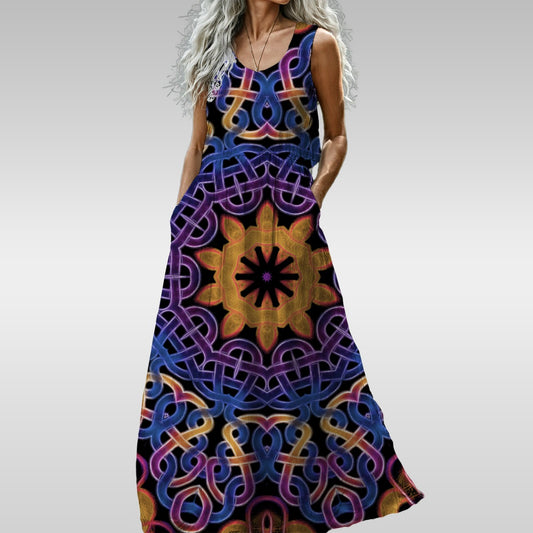 Blue Gold Celtic Kaleidoscope All-Over Print Women’s Sleeveless Maxi Dress