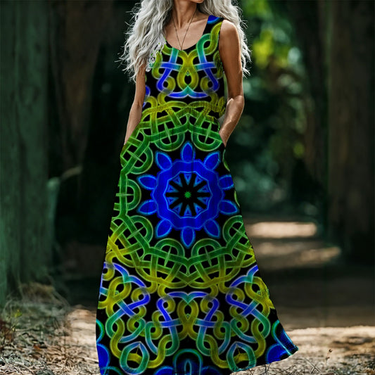 Blue Green Celtic Knot Kaleidoscope All-Over Print Women’s Sleeveless Maxi Dress