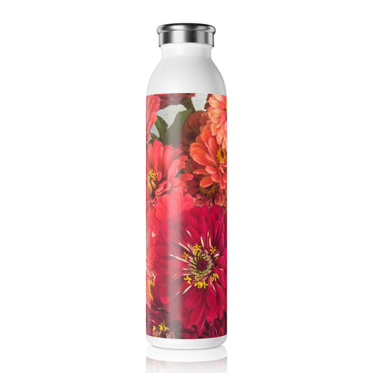 Peach and Pink Zinneas Slim Water Bottle - Stylish Hydration for Eco-Friendly Lifestyle, Summer Picnic, Fitness, Gift for Her, Floral Design