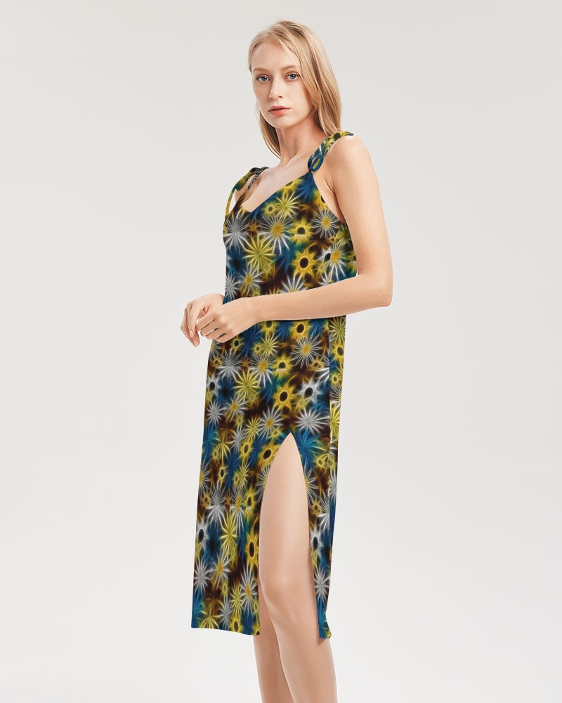 Blue and Yellow Glowing Daisies Women's All-Over Print Tie Strap Split Dress