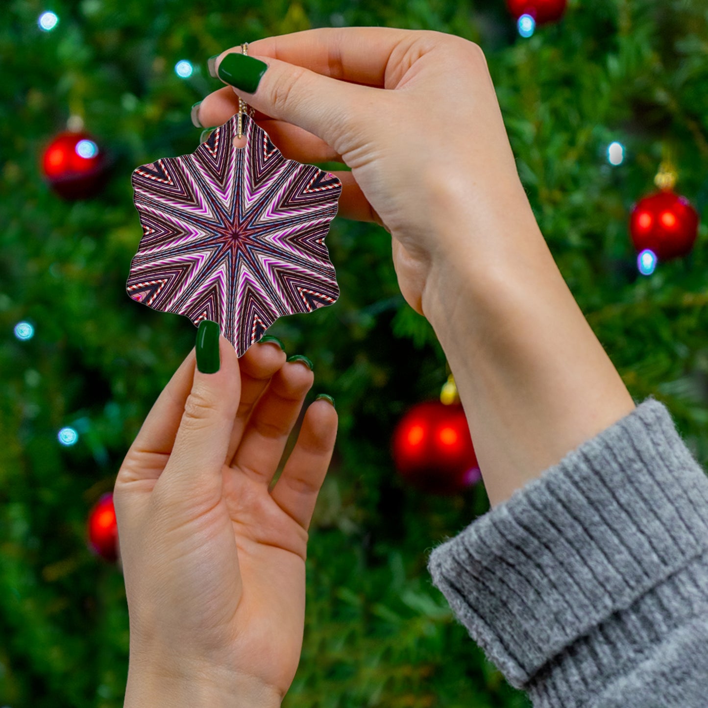 Candy Cane Kaleidoscope Star Ceramic Ornament — Pink Geometric Holiday Decoration