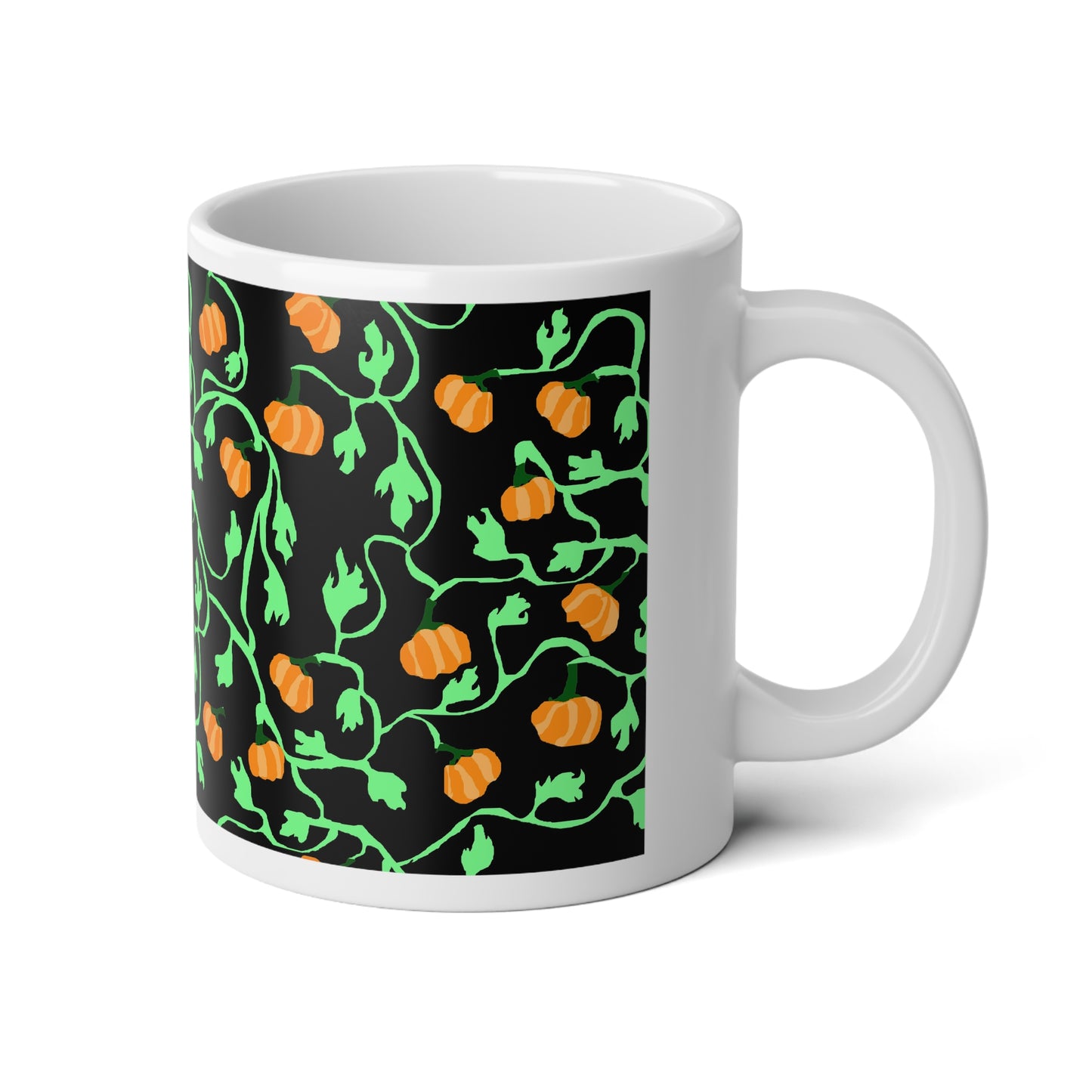 Pumpkin and Vines on Black Jumbo Mug, 20oz | Fall Coffee Cup, Autumn Decor, Halloween Gift, Unique Pumpkin Design, Seasonal Mug