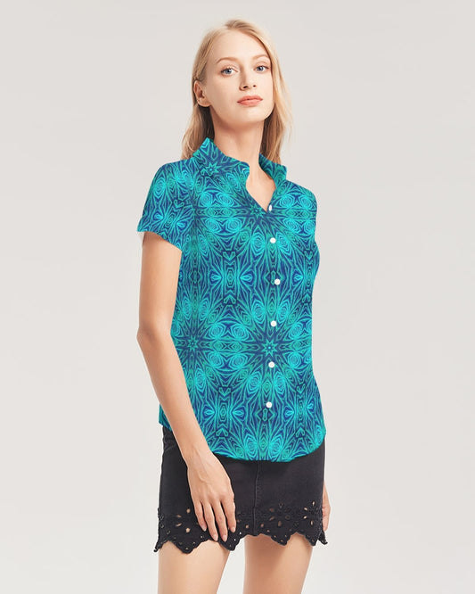 Blue Ice Kaleidoscope Women's All-Over Print Short Sleeve Button Up