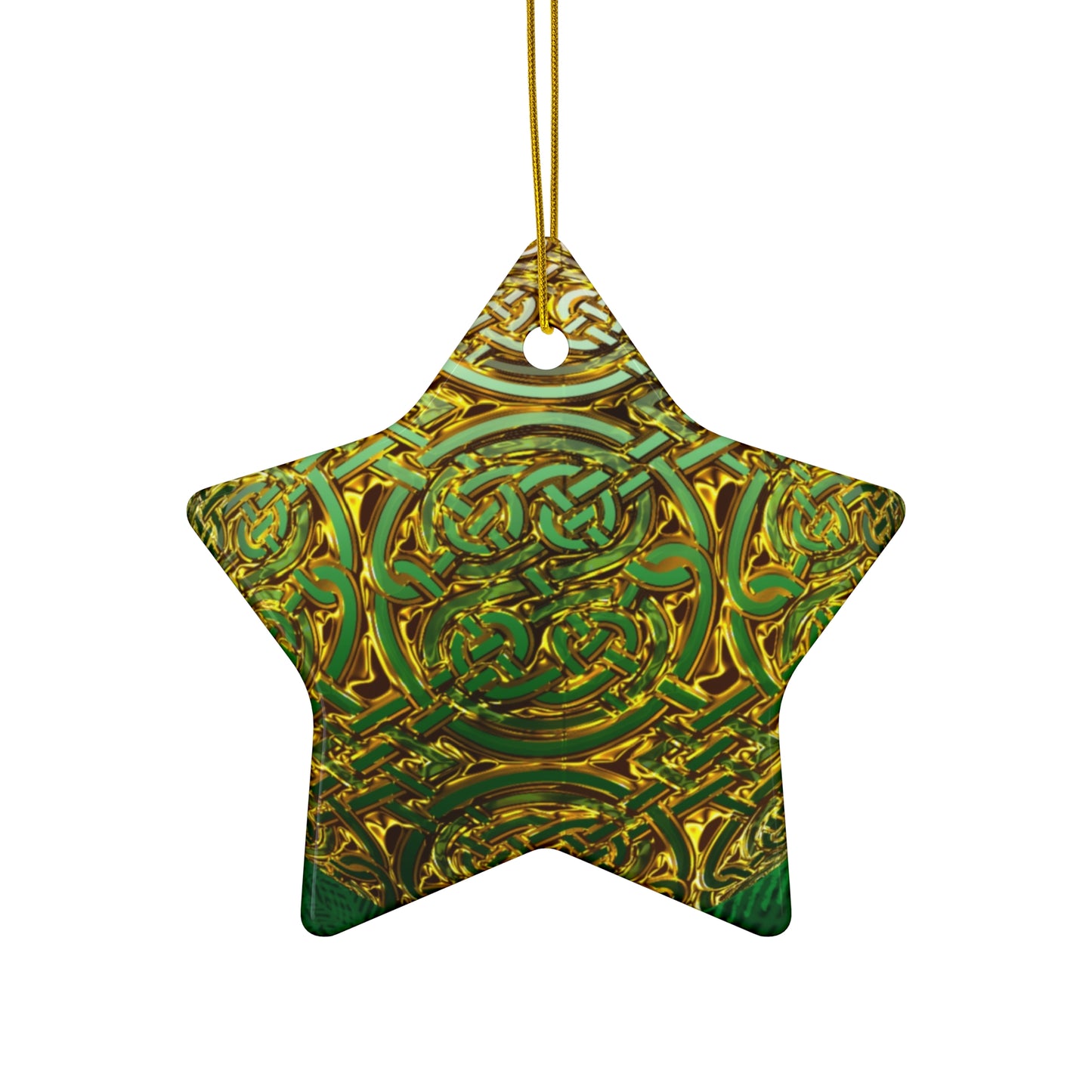 Celtic Green Gold Ceramic Star Ornament — Intricate Knotwork Holiday Decoration