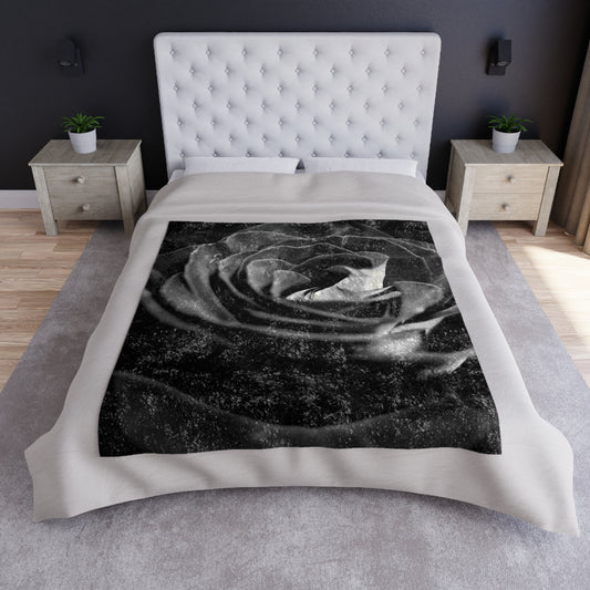 Dark Black and White Rose Crushed Velvet Blanket