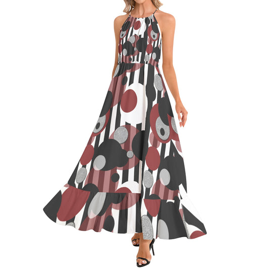Black and White Stripes Red Dots Ruffle Hem Halter Neck Maxi Dress