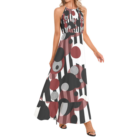 Black and White Stripes Red Dots Ruffle Hem Halter Neck Maxi Dress