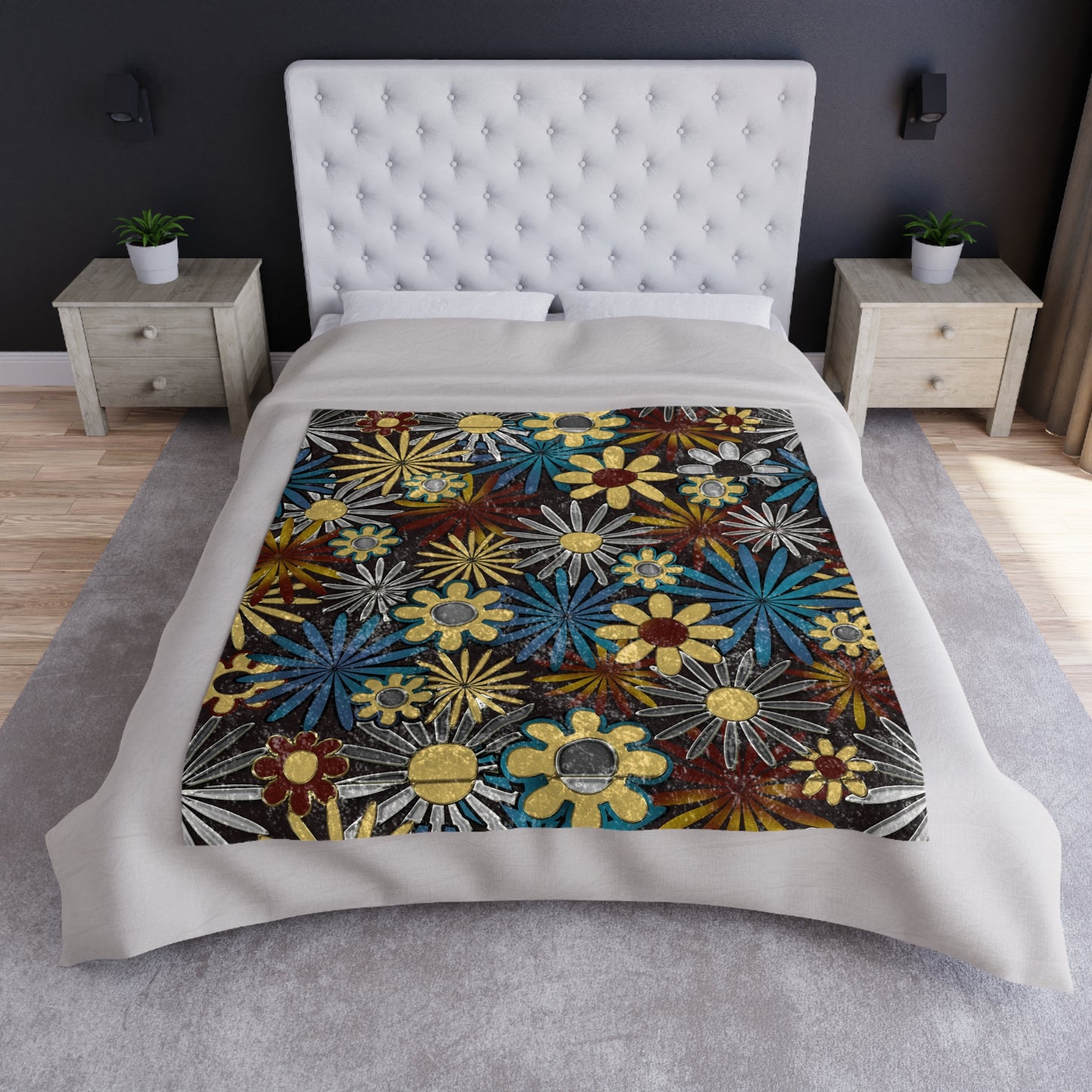 Dark Gray Daisies Crushed Velvet Blanket