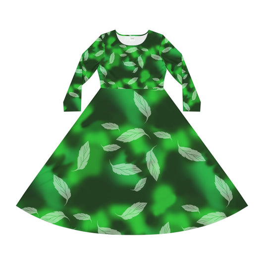 Women's Long Sleeve Dance Dress, Elegant Green Leaf Print, Perfect for Parties, Dance Recitals, Fall Celebrations, Eco-Friendly Fashion