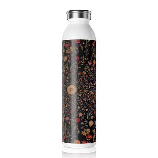 Medieval Flowers On Black Slim Water Bottle - Stylish Drinkware for Yoga, Gifts for Her, Eco-Friendly Hydration, Summer Accessory, Travel Essential