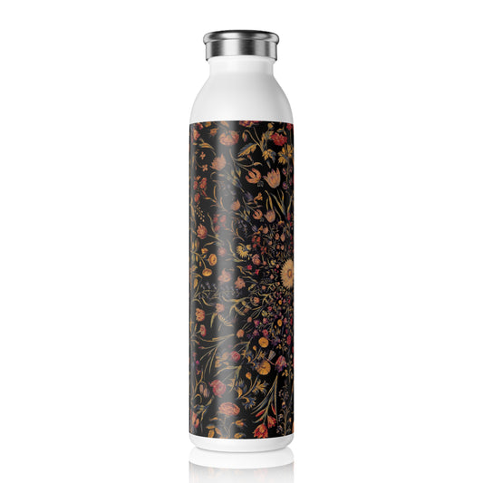 Medieval Flowers On Black Slim Water Bottle - Stylish Drinkware for Yoga, Gifts for Her, Eco-Friendly Hydration, Summer Accessory, Travel Essential