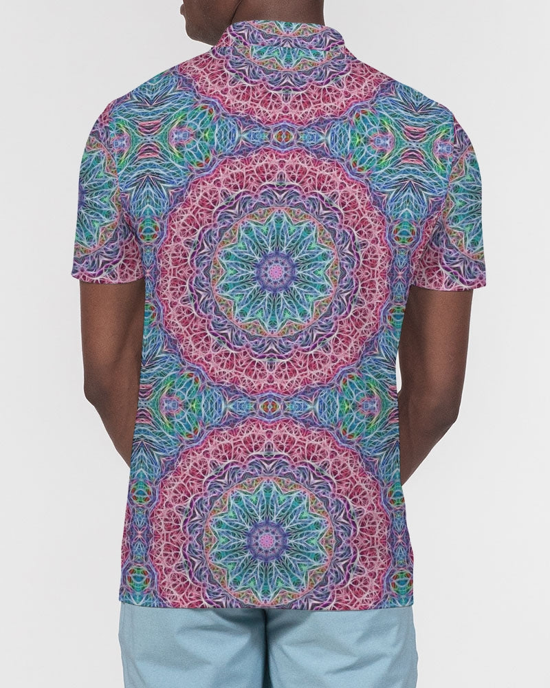 Blue Red Snowflake Kaleidoscope Men's All-Over Print Slim Fit Short Sleeve Polo