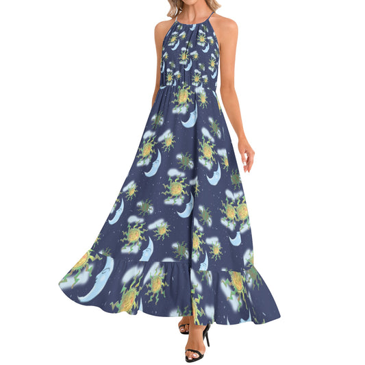Antique Sun Ruffle Hem Halter Neck Maxi Dress