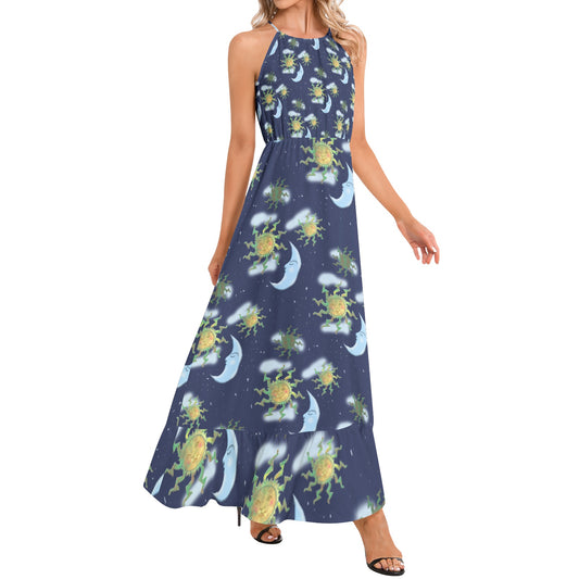 Antique Sun Ruffle Hem Halter Neck Maxi Dress