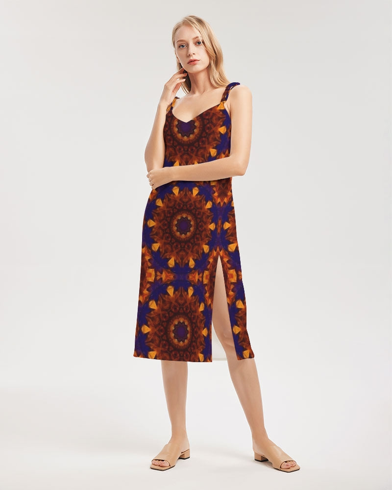 Blue Orange Red Kaleidoscope Women's All-Over Print Tie Strap Split Dress