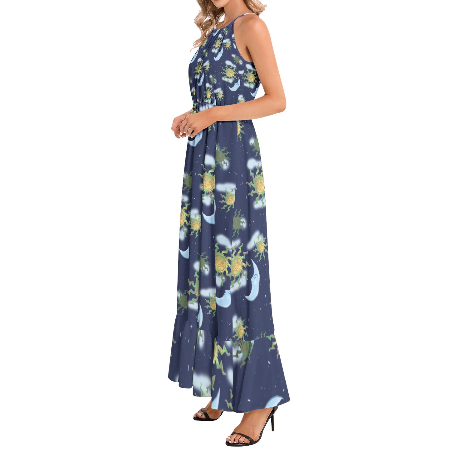 Antique Sun Ruffle Hem Halter Neck Maxi Dress