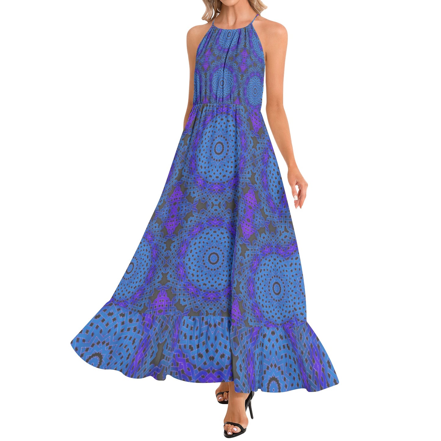 Blue Celtic Knots Kaleidoscope Ruffle Hem Halter Neck Maxi Dress