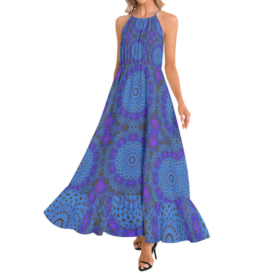 Blue Celtic Knots Kaleidoscope Ruffle Hem Halter Neck Maxi Dress