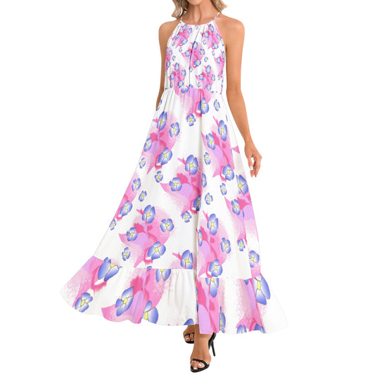 Blue Flowers on Pink Ruffle Hem Halter Neck Maxi Dress