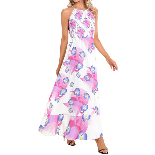 Blue Flowers on Pink Ruffle Hem Halter Neck Maxi Dress