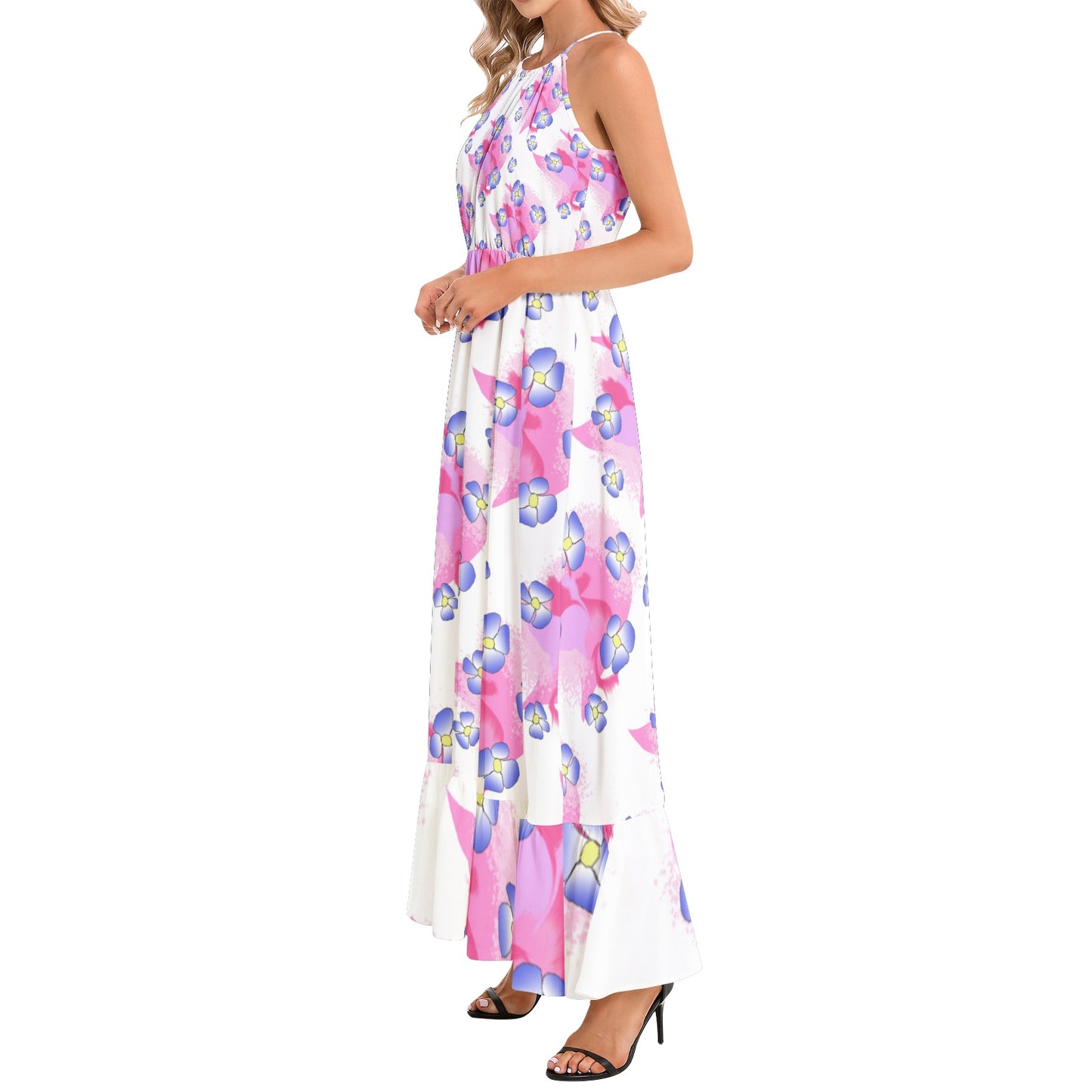 Blue Flowers on Pink Ruffle Hem Halter Neck Maxi Dress