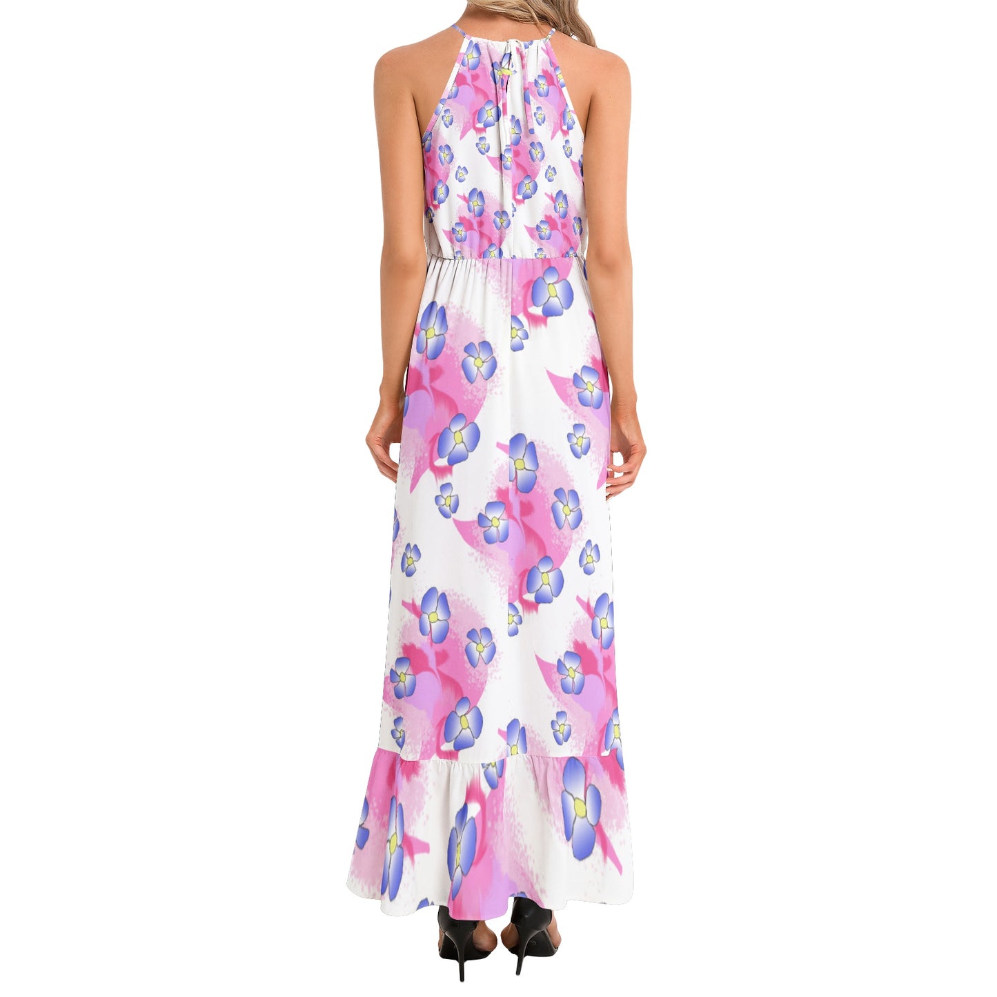 Blue Flowers on Pink Ruffle Hem Halter Neck Maxi Dress
