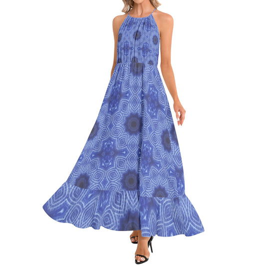 Blue and White Striped Kaleidoscope Ruffle Hem Halter Neck Maxi Dress