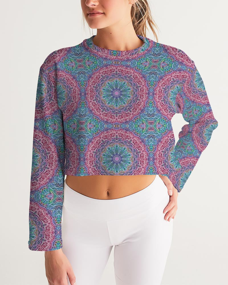 Blue Red Snowflake Kaleidoscope Women's All-Over Print Cropped Sweatshirt