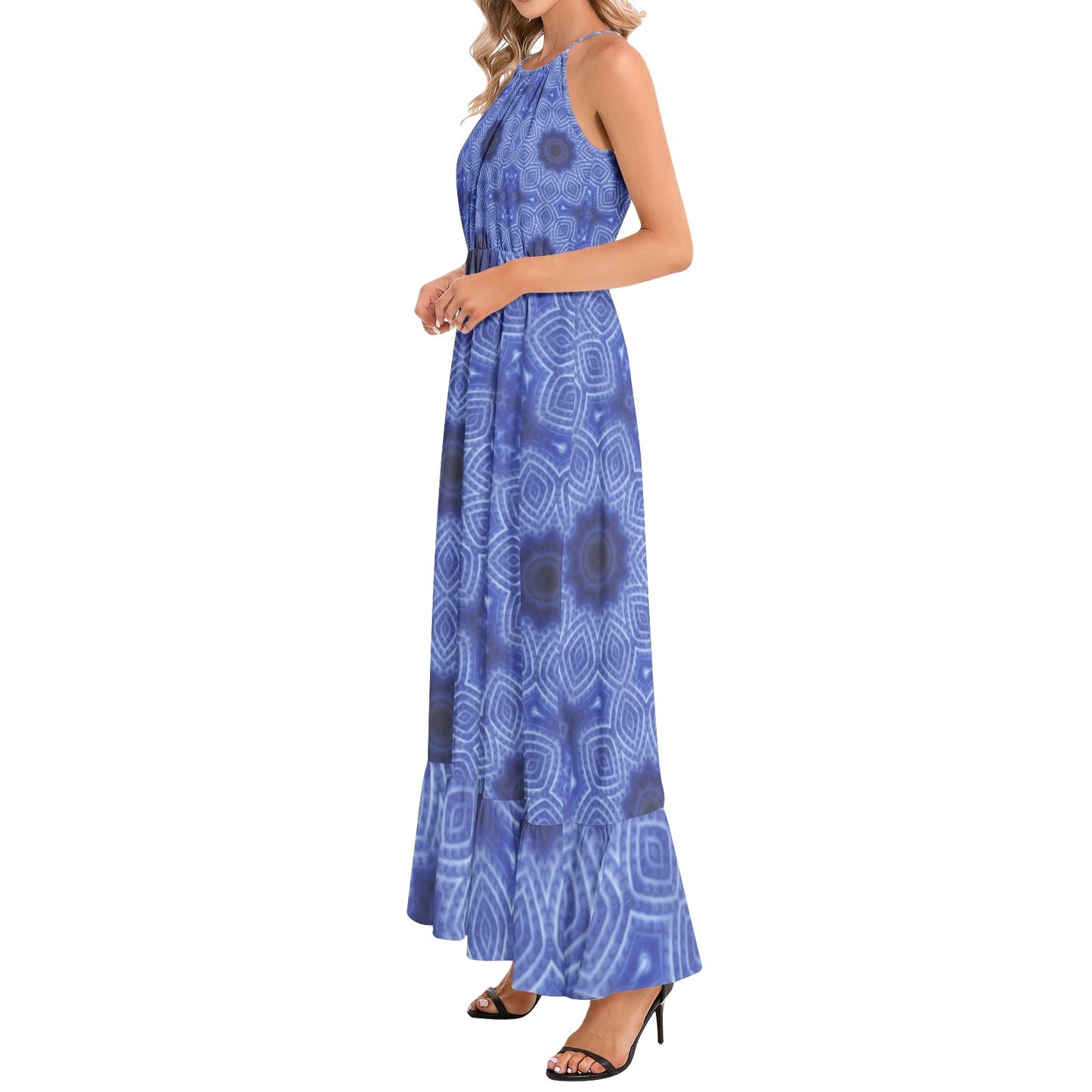 Blue and White Striped Kaleidoscope Ruffle Hem Halter Neck Maxi Dress