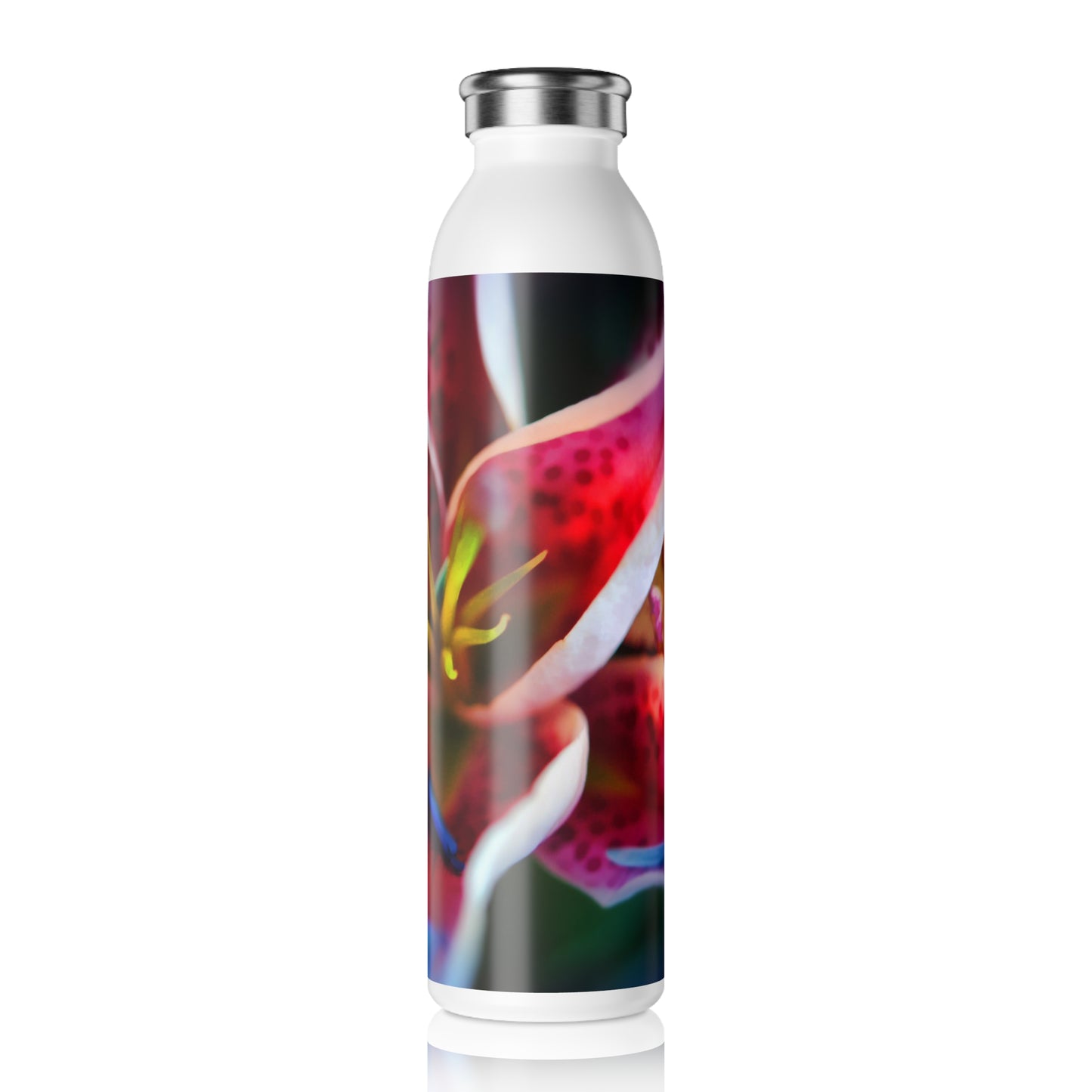 Blue Petals on a Pink and White Lily Slim Water Bottle, Stylish Hydration for Fitness, Eco-Friendly Drinkware, Gift for Nature Lovers, Travel Companion