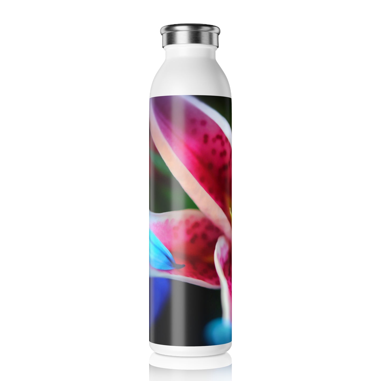 Blue Petals on a Pink and White Lily Slim Water Bottle, Stylish Hydration for Fitness, Eco-Friendly Drinkware, Gift for Nature Lovers, Travel Companion