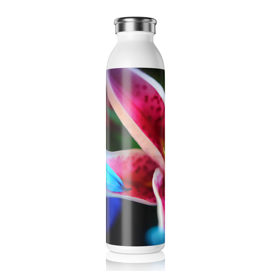 Blue Petals on a Pink and White Lily Slim Water Bottle, Stylish Hydration for Fitness, Eco-Friendly Drinkware, Gift for Nature Lovers, Travel Companion
