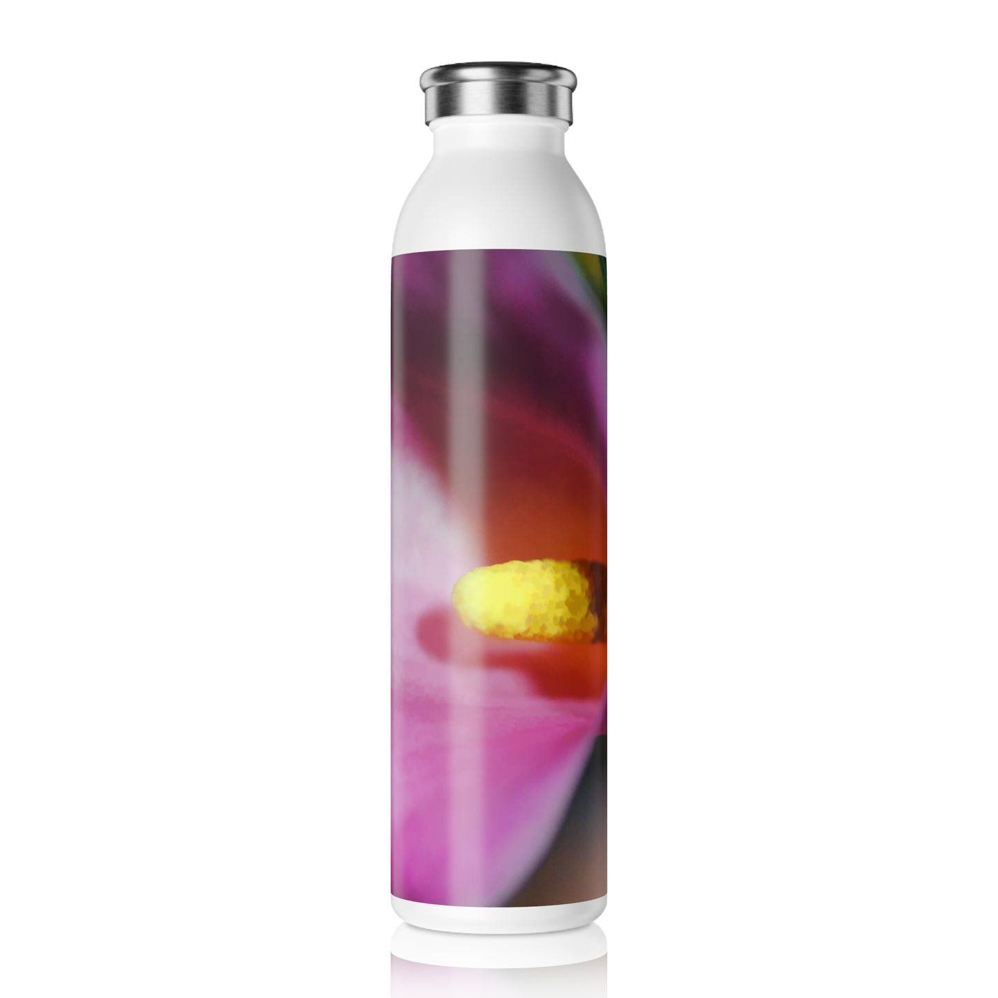 Pink Calla Lily Sideview Slim Water Bottle — Pink Close-Up Floral Print Slim Bottle