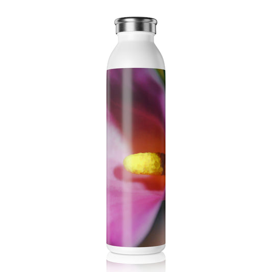 Pink Calla Lily Sideview Slim Water Bottle — Pink Close-Up Floral Print Slim Bottle