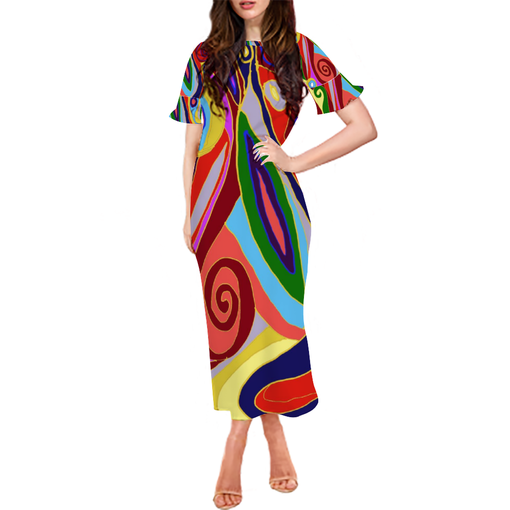 May Afternoon Custom Lotus Leaf Short Sleeve Long Dress Women's Summer Fashion Dress