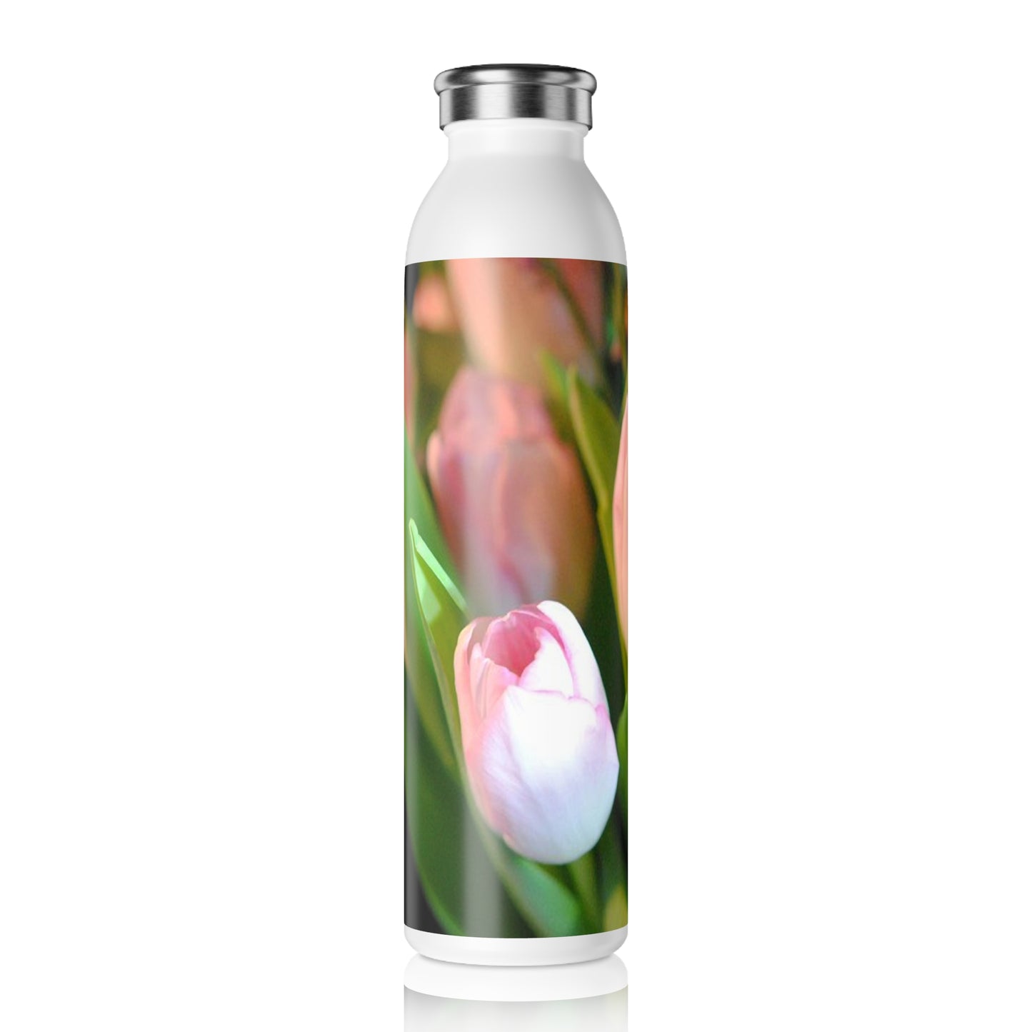 Slim Water Bottle — Pink Tulip Floral Stainless Steel Bottle, Spring Garden Drinkware