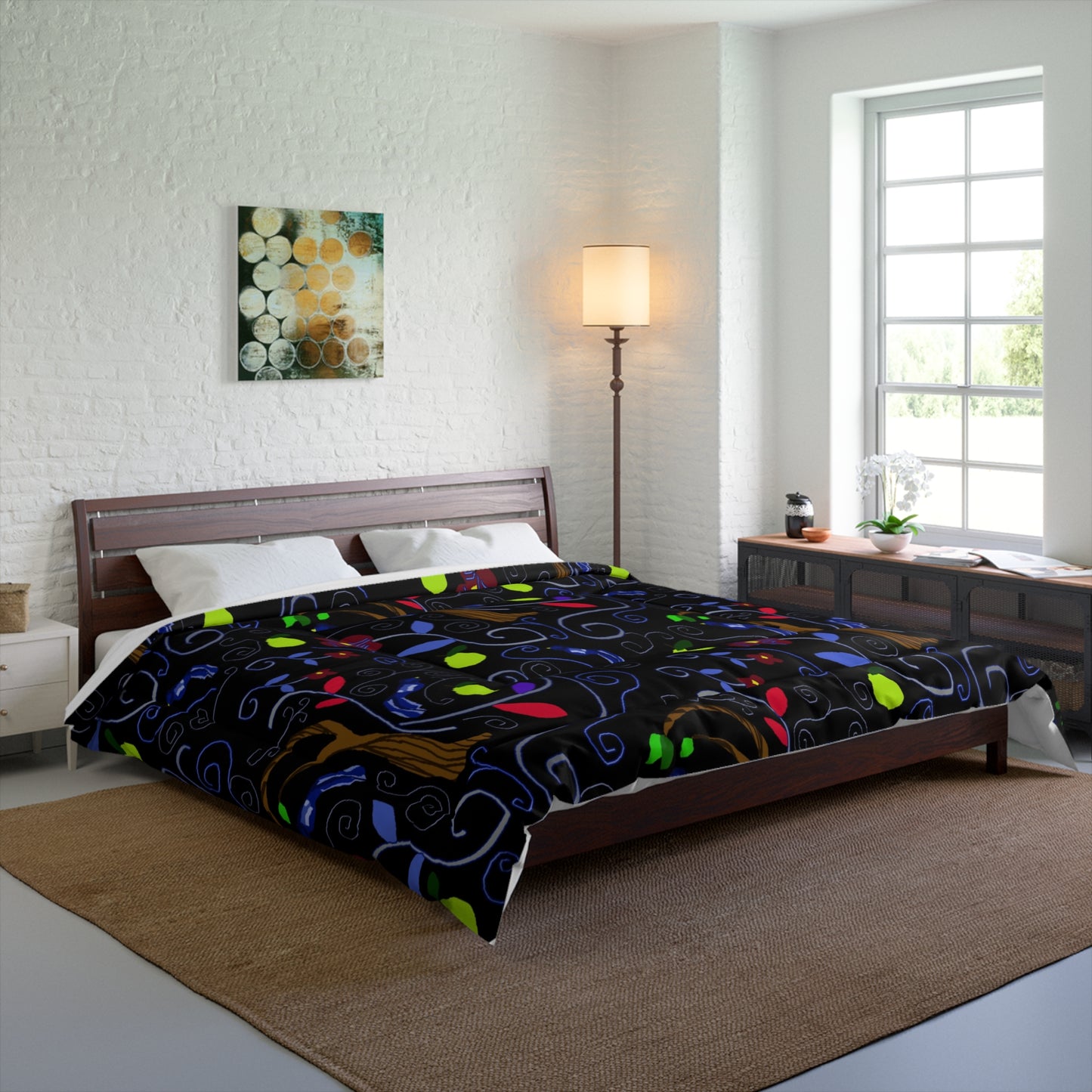 Dark Whimsical Tree Comforter – Colorful Leaf Pattern Bedding