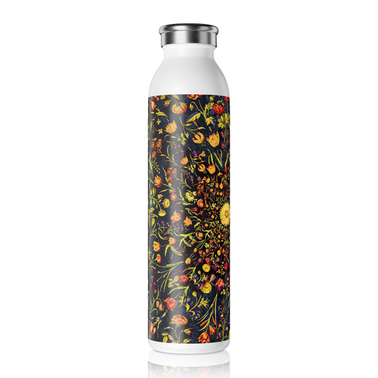 Medieval Flowers on Blue Slim Water Bottle - Eco-Friendly Hydration, Reusable Drink Container, Gardening Gift, Yoga Companion, Nature Lover's Bottle