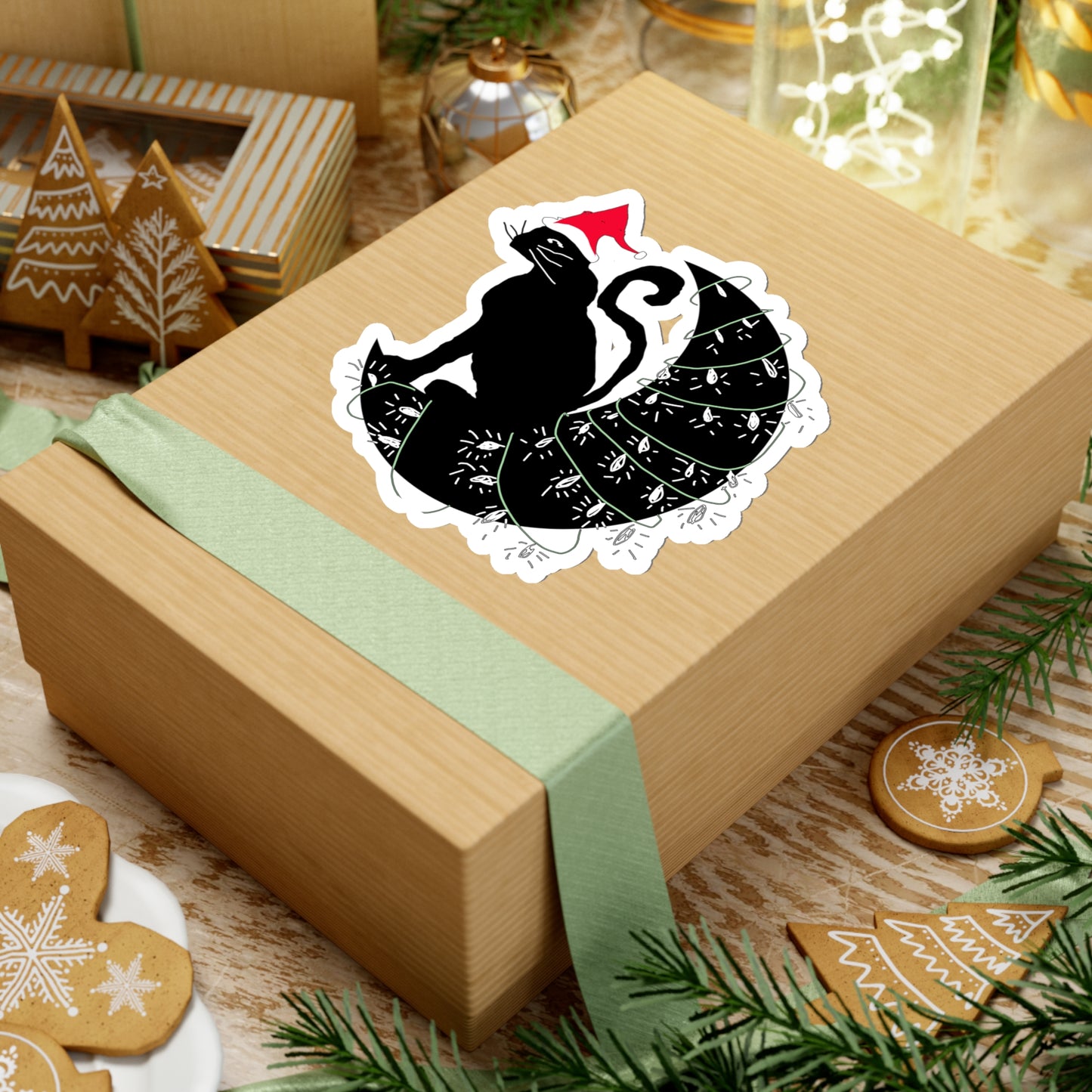Christmas Cat on The Moon Kiss-Cut Stickers