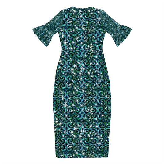 Blue Green Sparkle Swirl Custom Lotus Leaf Short Sleeve Long Dress Women's Summer Fashion Dress