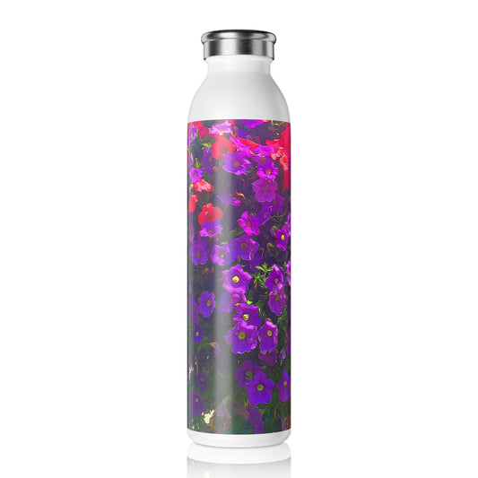 Pile of Petunias Slim Water Bottle - Eco-Friendly Hydration, Perfect for Fitness, Travel, Gifts, Summer, Gardening