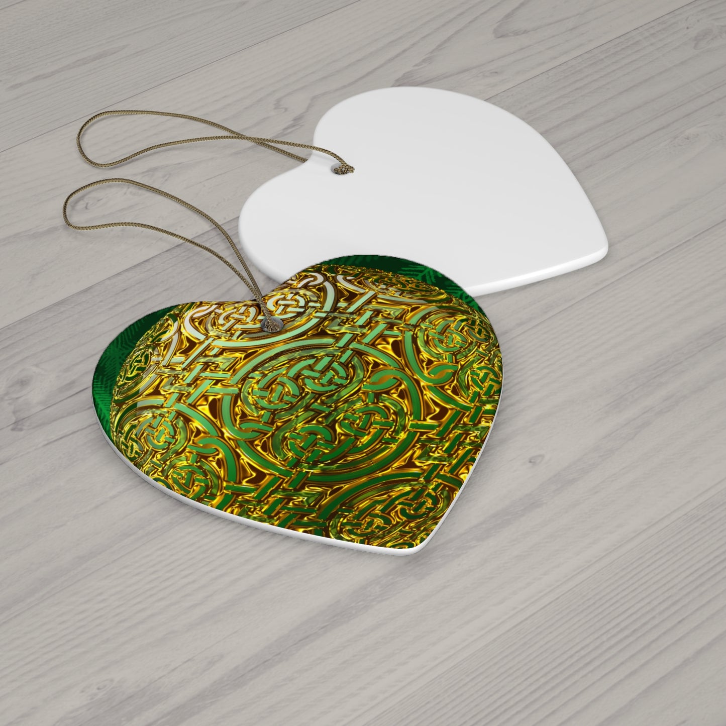 Celtic Green Gold Ceramic Star Ornament — Intricate Knotwork Holiday Decoration
