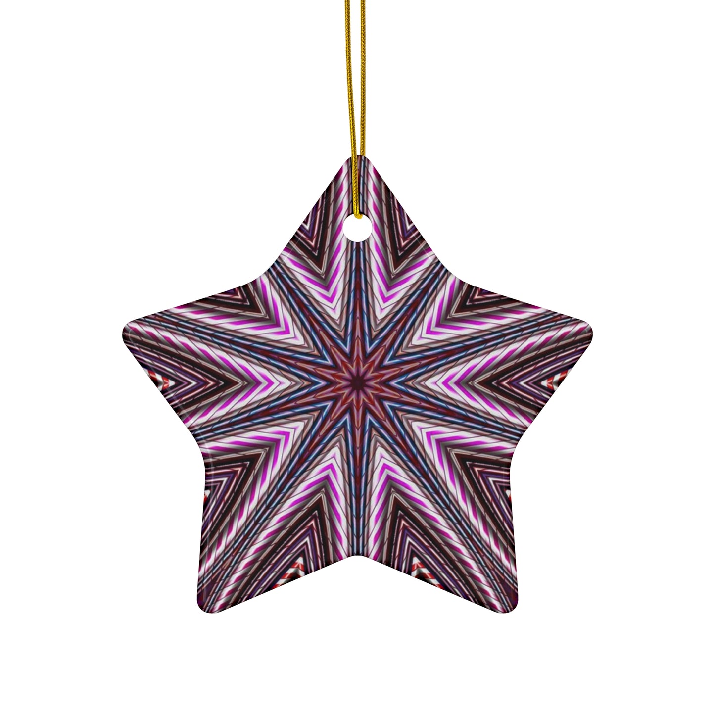 Candy Cane Kaleidoscope Star Ceramic Ornament — Pink Geometric Holiday Decoration