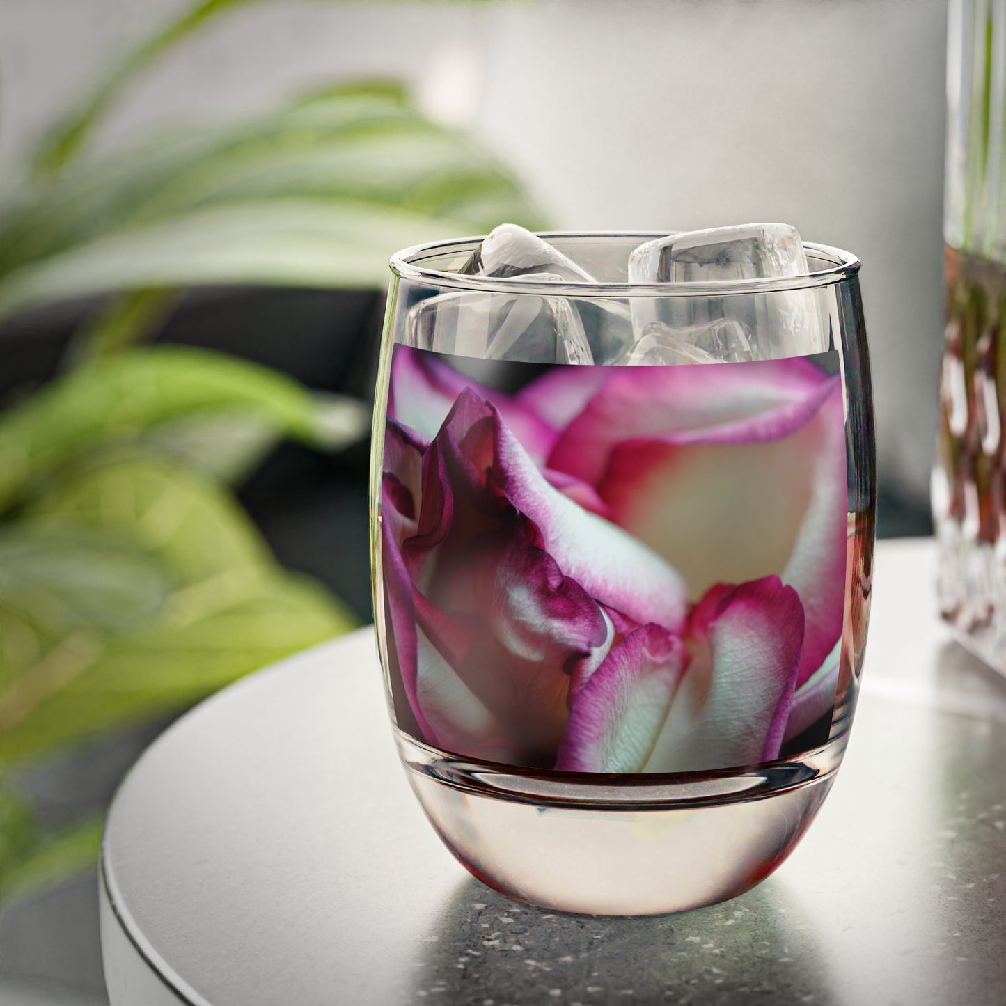 Pink Lined White Rose Whiskey Glass