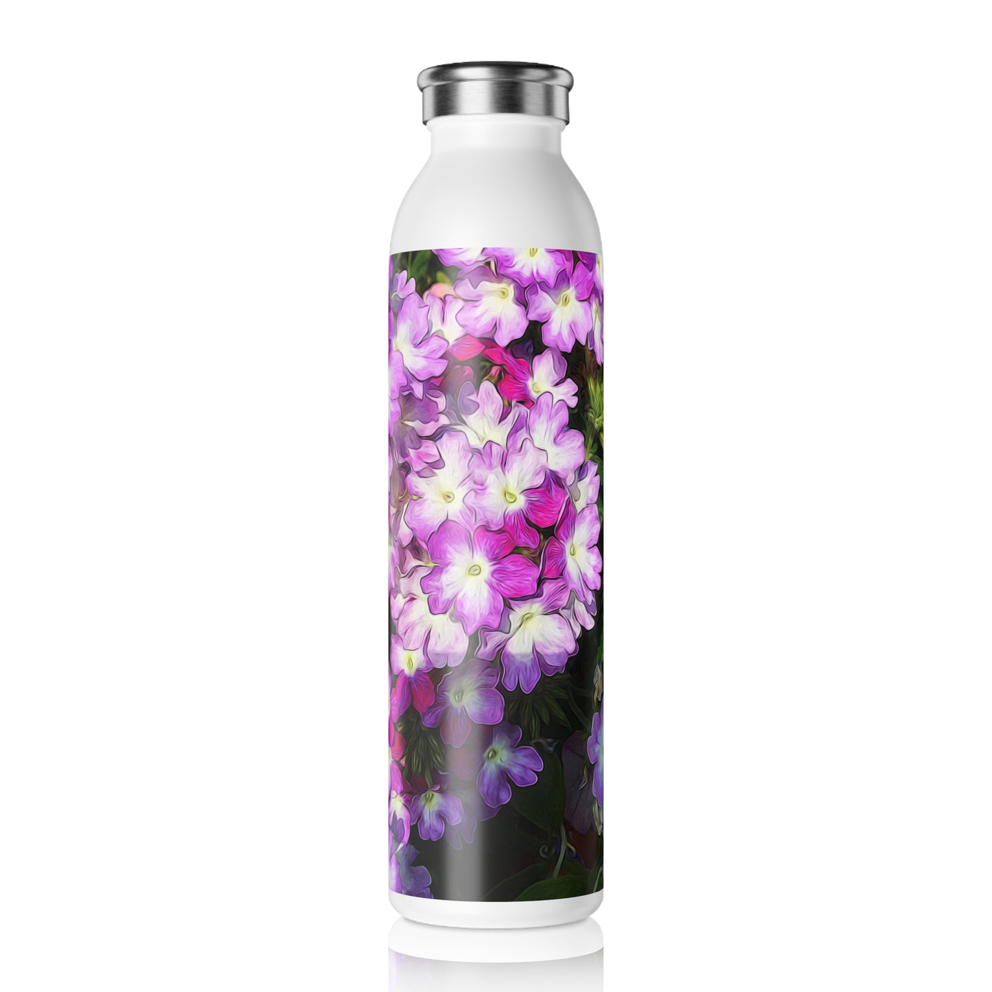 Slim Water Bottle • Purple Floral Design — Slim Stainless Bottle for Women, Garden Lover Gift