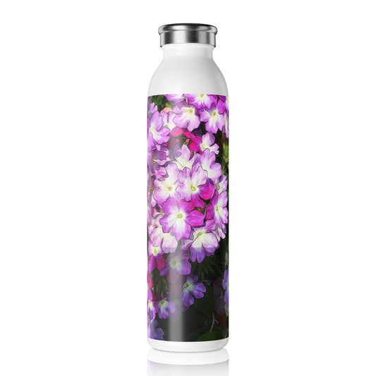 Slim Water Bottle • Purple Floral Design — Slim Stainless Bottle for Women, Garden Lover Gift