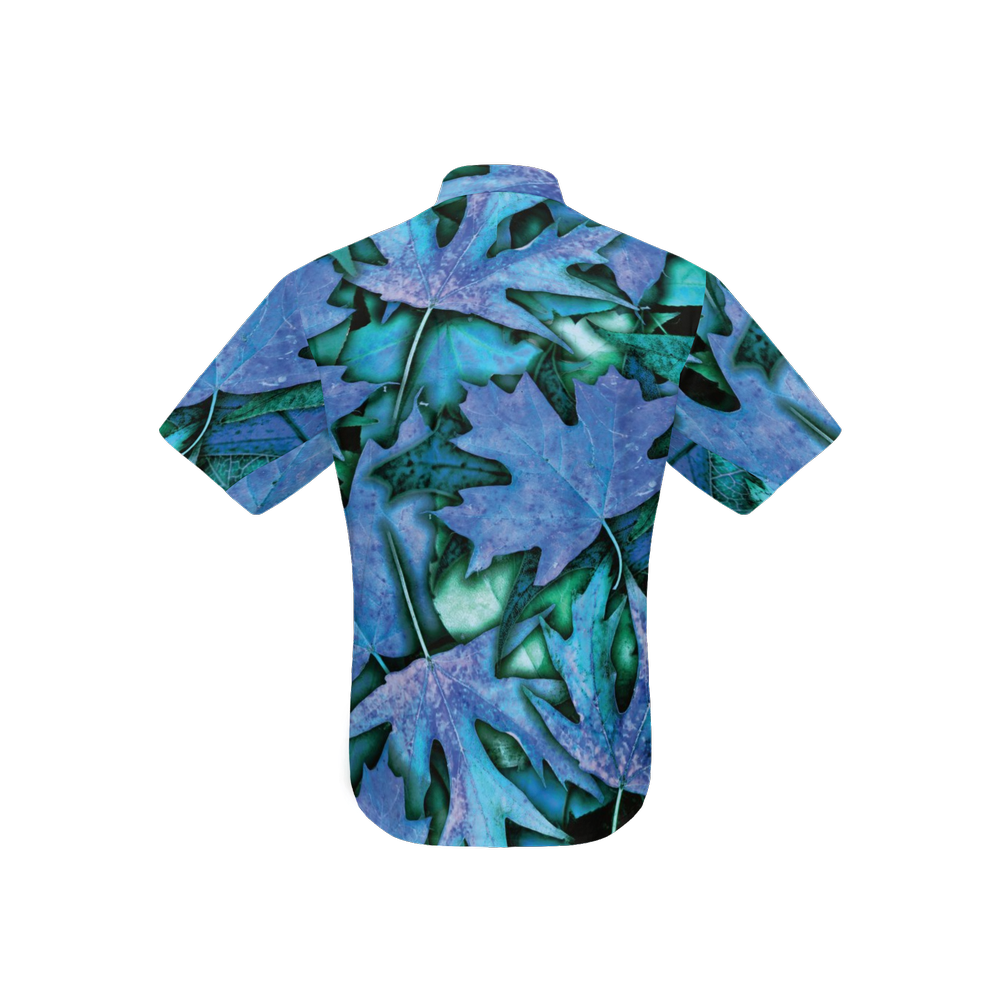 Fall Leaves Blue Women's Short-Sleeve Button-Up Shirt-Cotton Feel